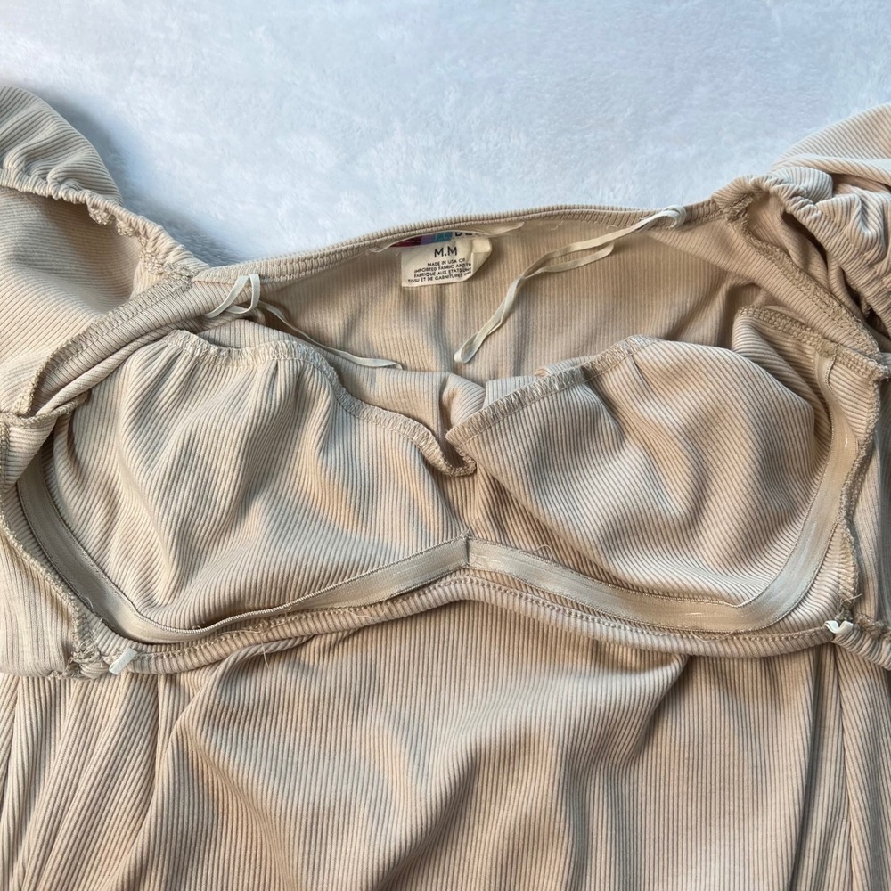 Free People Beach Bel Air Beige Maxi Dress Women Medium Ribbed Short Sleeve Boho - Picture 5 of 9